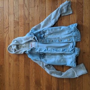 light wash jean jacket with sweatshirt sleeves